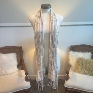 Vintage 00s Cream and Multicolor Pashmina Scarf with Fringe, Rave Wear Boho